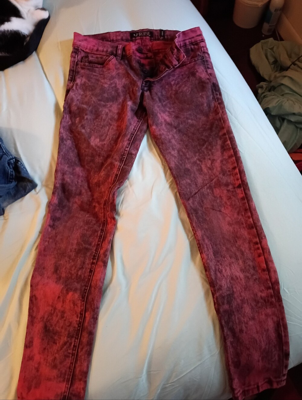 RUDE Women Skinny Jeans — Red And Black Button Fly Acid Wash